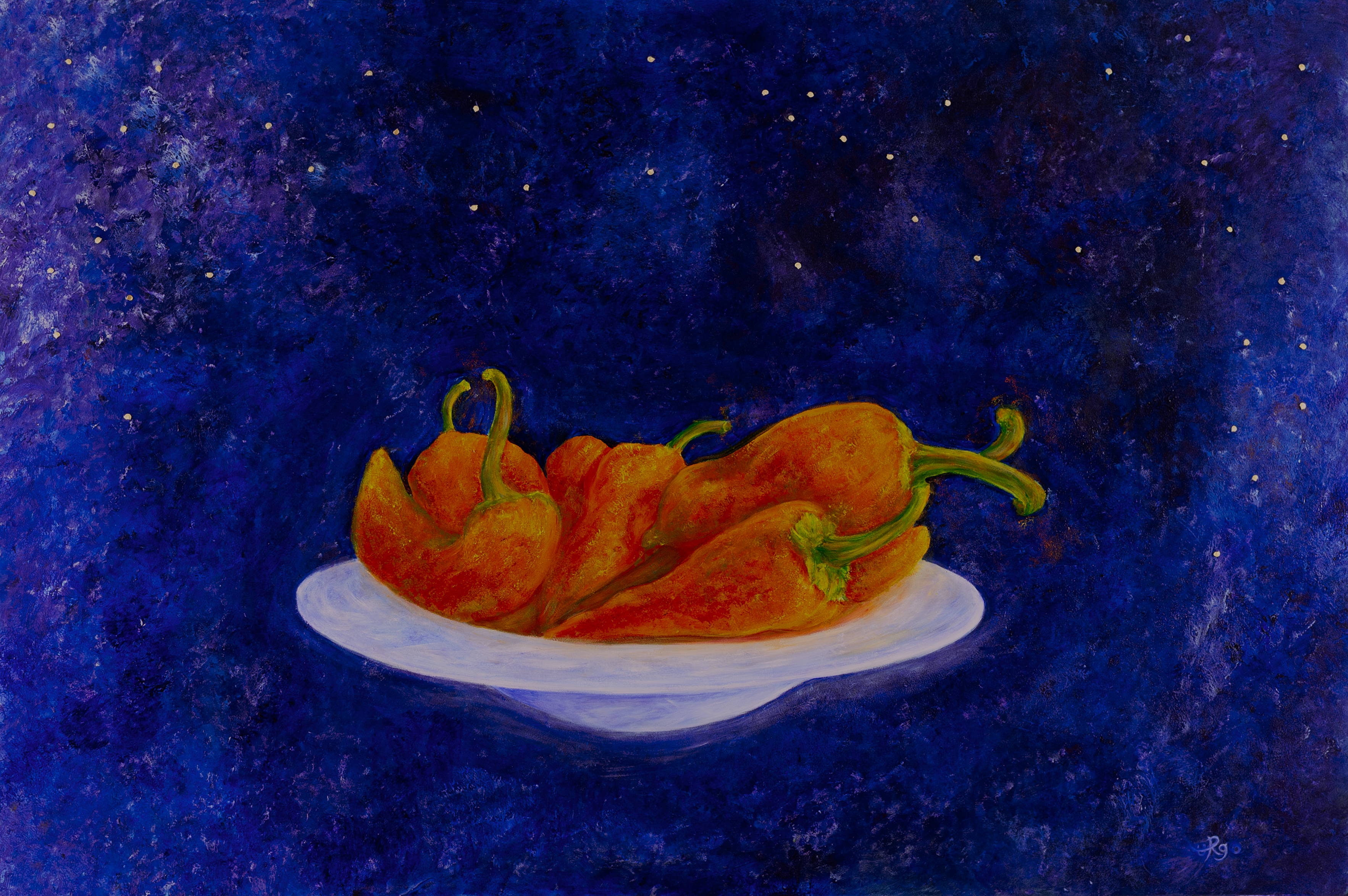 Italian Peppers in a white bowl in the night sky