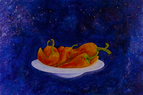 Italian Peppers in a white bowl in the night sky