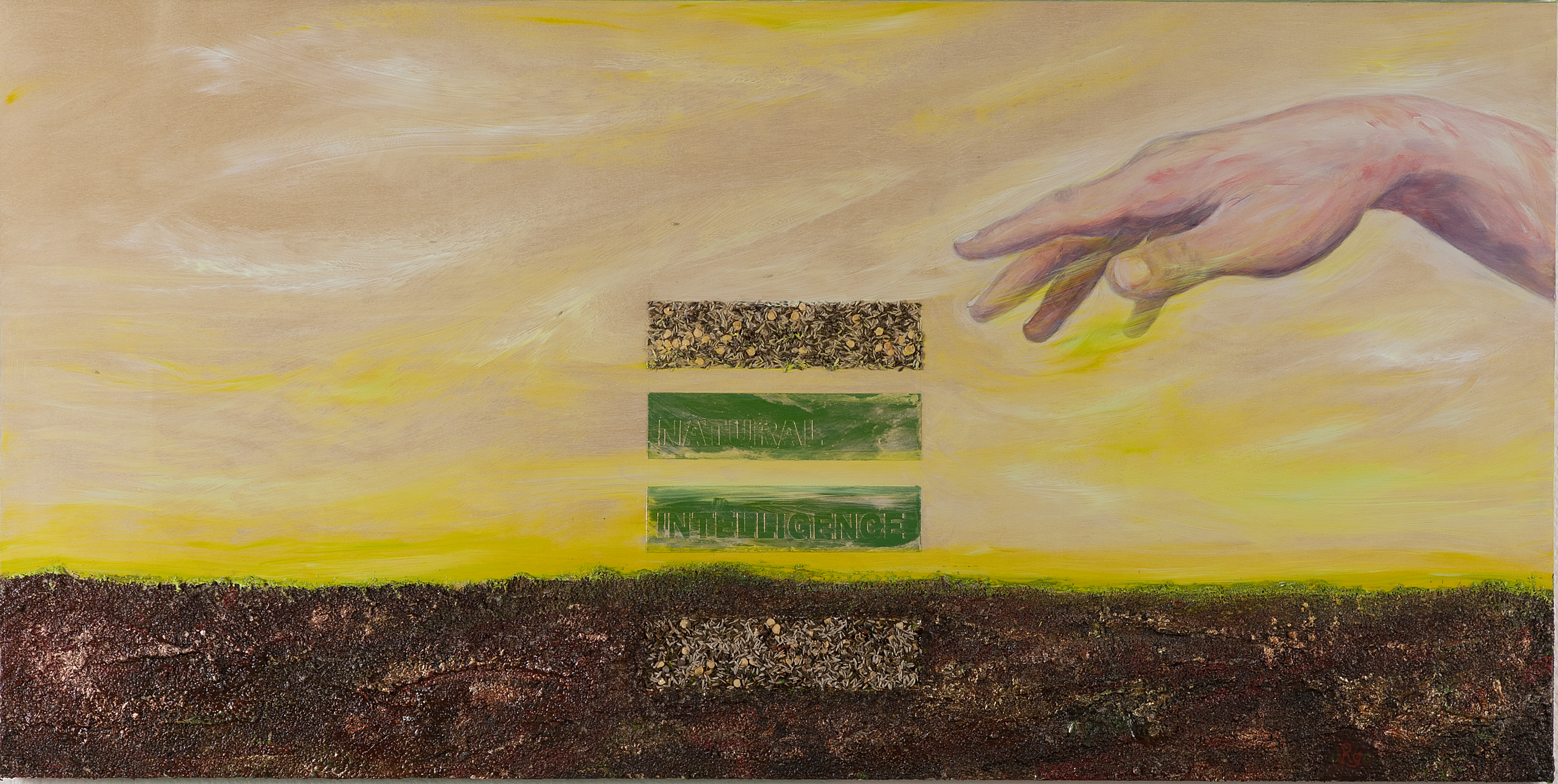 Acrylic painting of hand in nature with natural intelligence of seeds.