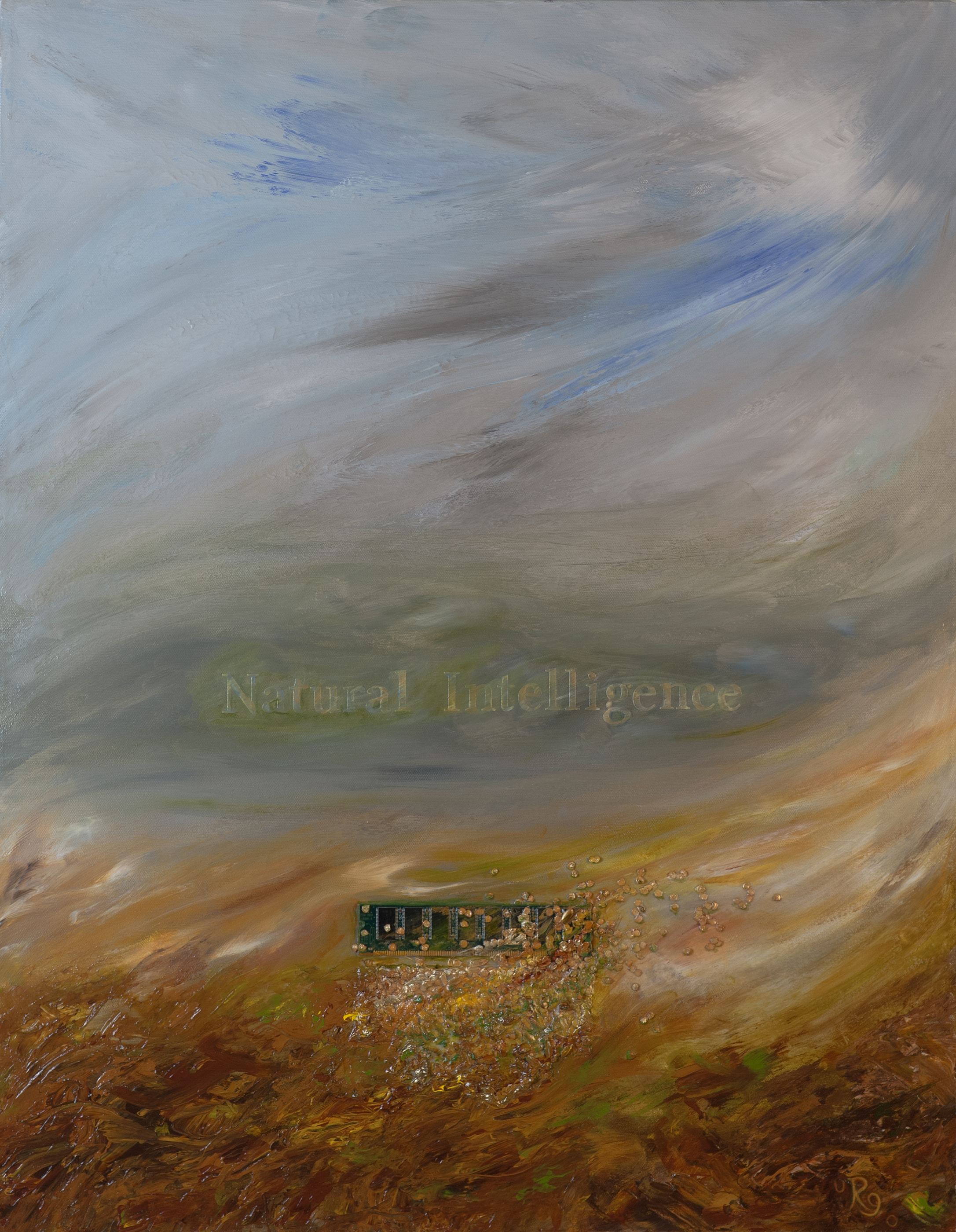 Natural Intelligence series acrylic painting with seeds and microchip RAM