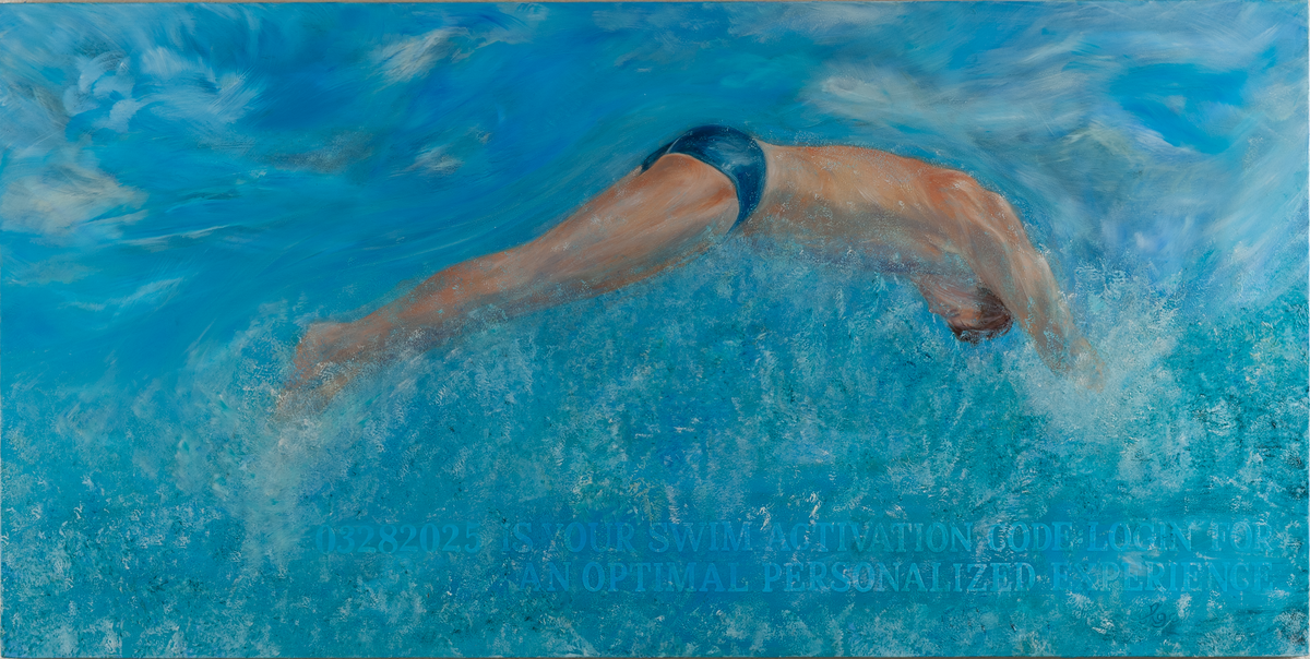 Oil painting of swimmer diving above the water.