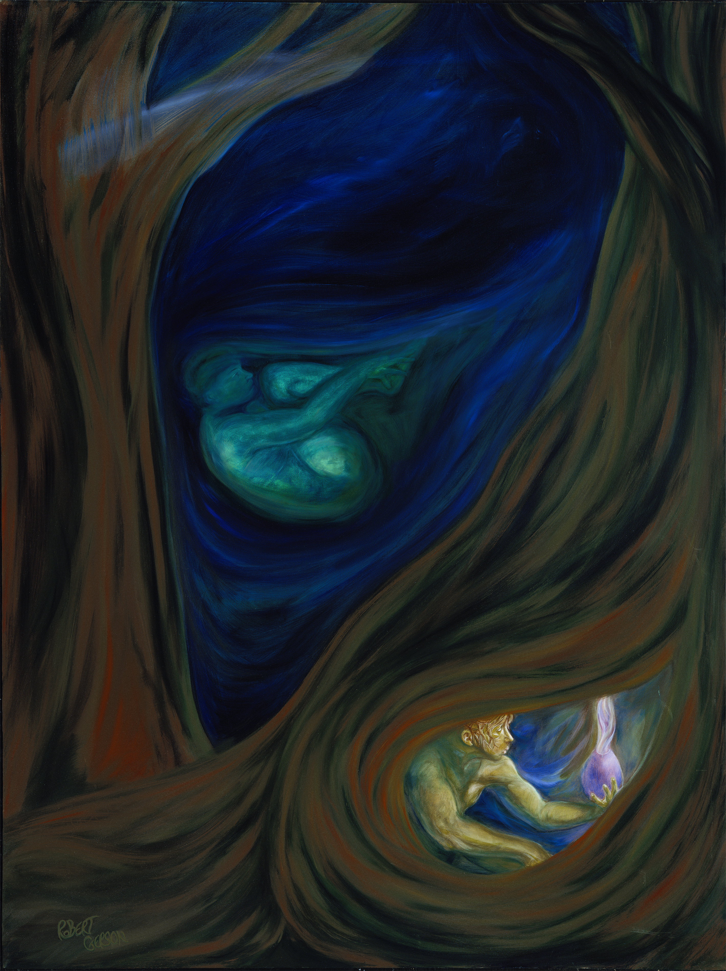 Mystical oil painting of gentle beings in the forest.