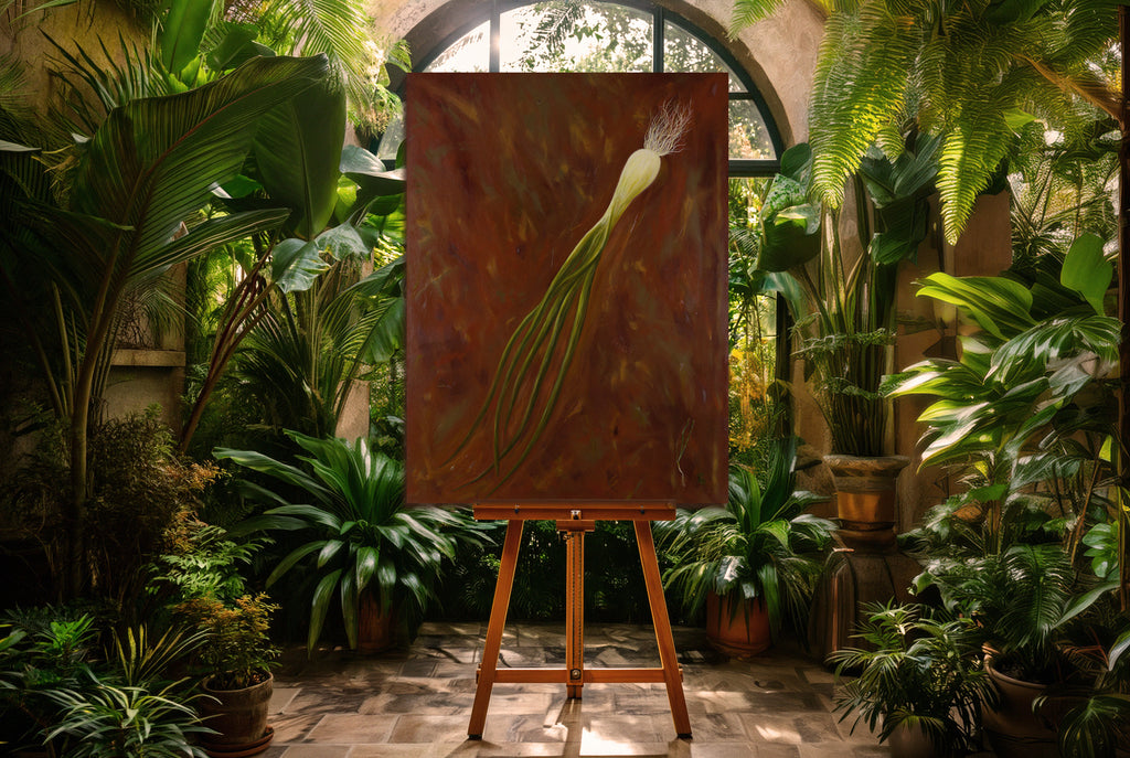 painting of green onion by artist robert gerson in a plant filled courtyard