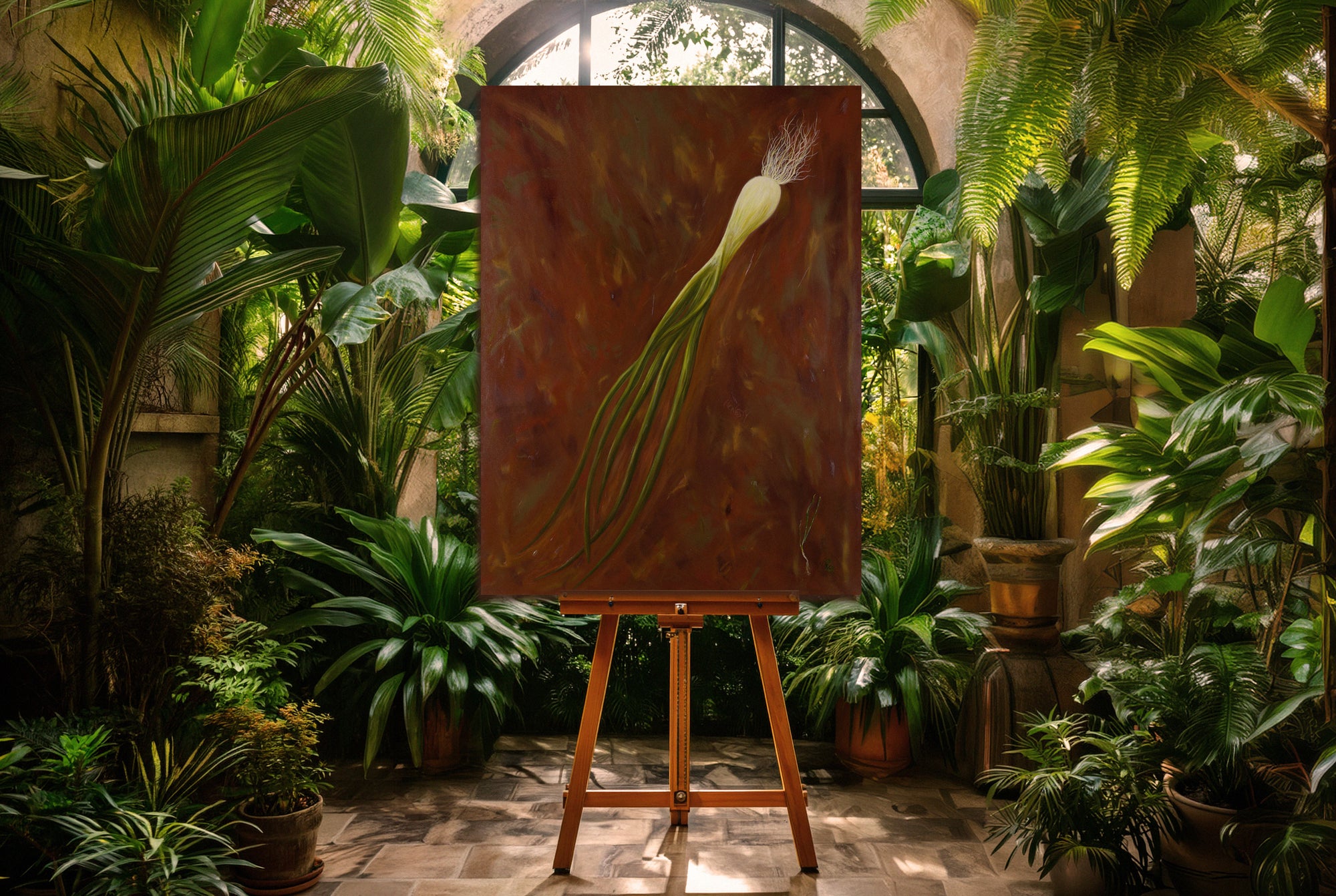 painting of green onion by artist robert gerson in a plant filled courtyard