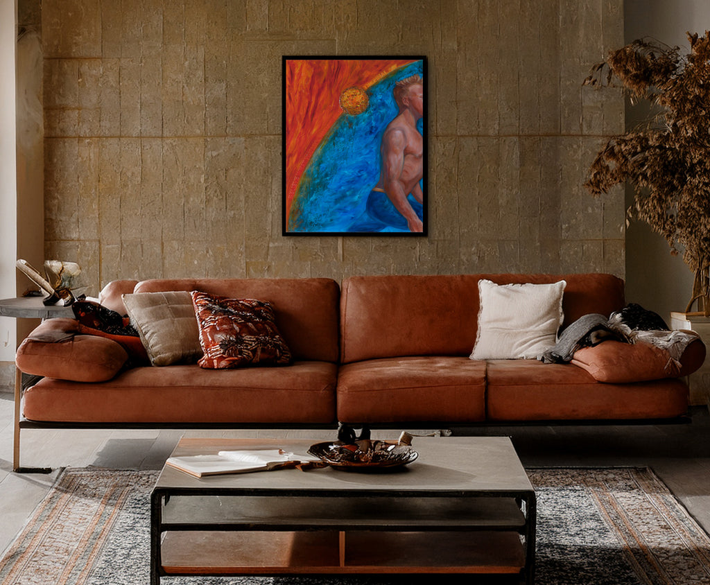 Living room with Robert Gerson oil painting "Humans in Nature" on wall