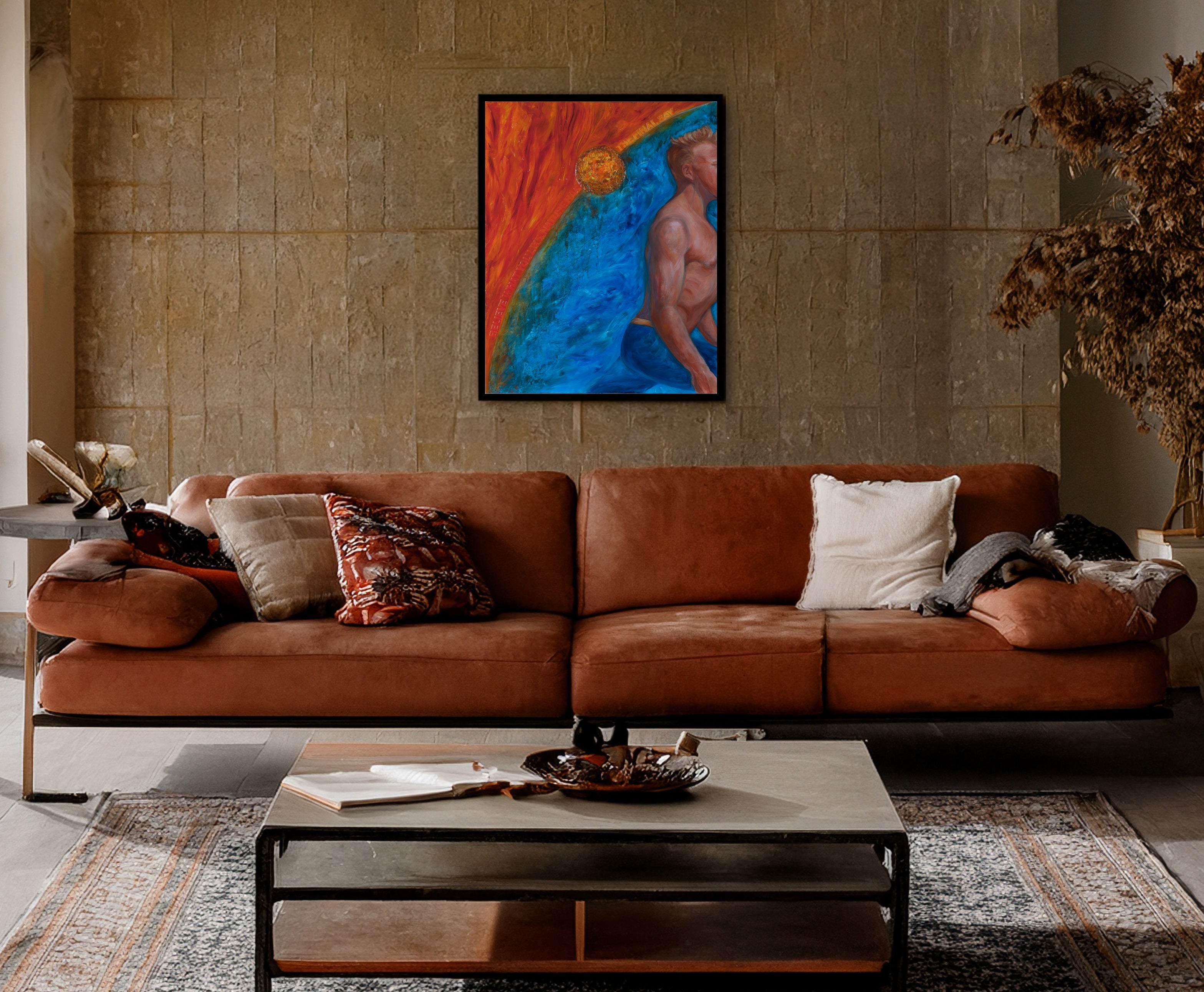 Living room with Robert Gerson oil painting "Humans in Nature" on wall