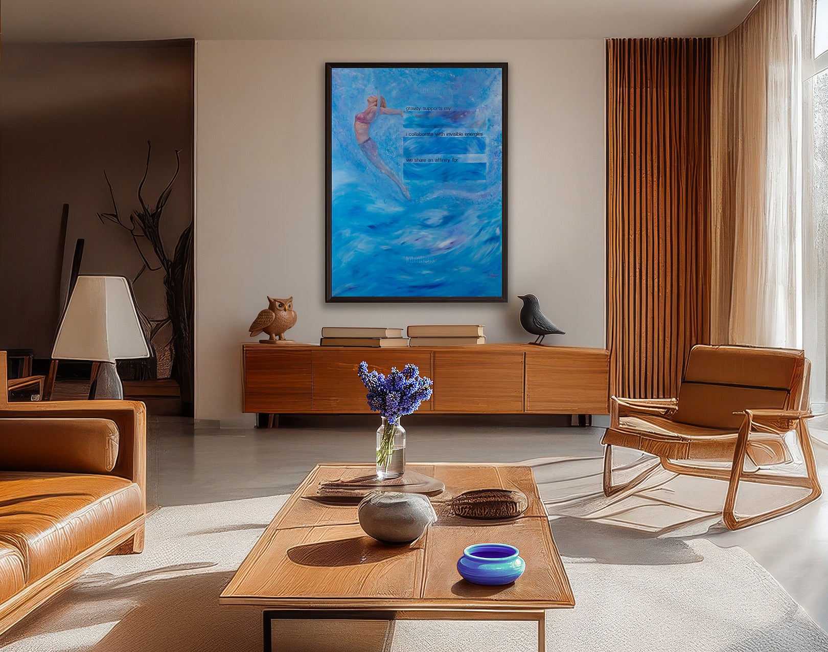 living room with painting "Lyrics to Unfinished Song" by Robert Gerson  on wall