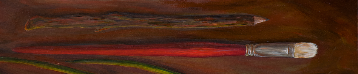 Pencil and paintbrushes on a warm brown background