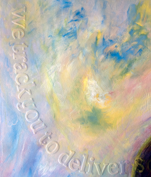 Acrylic painting on 16" x 20" Deep Cradled Birch Wood Panel with encased lettering. Portrait of the Artist with Distraction Avoidance System Engaged