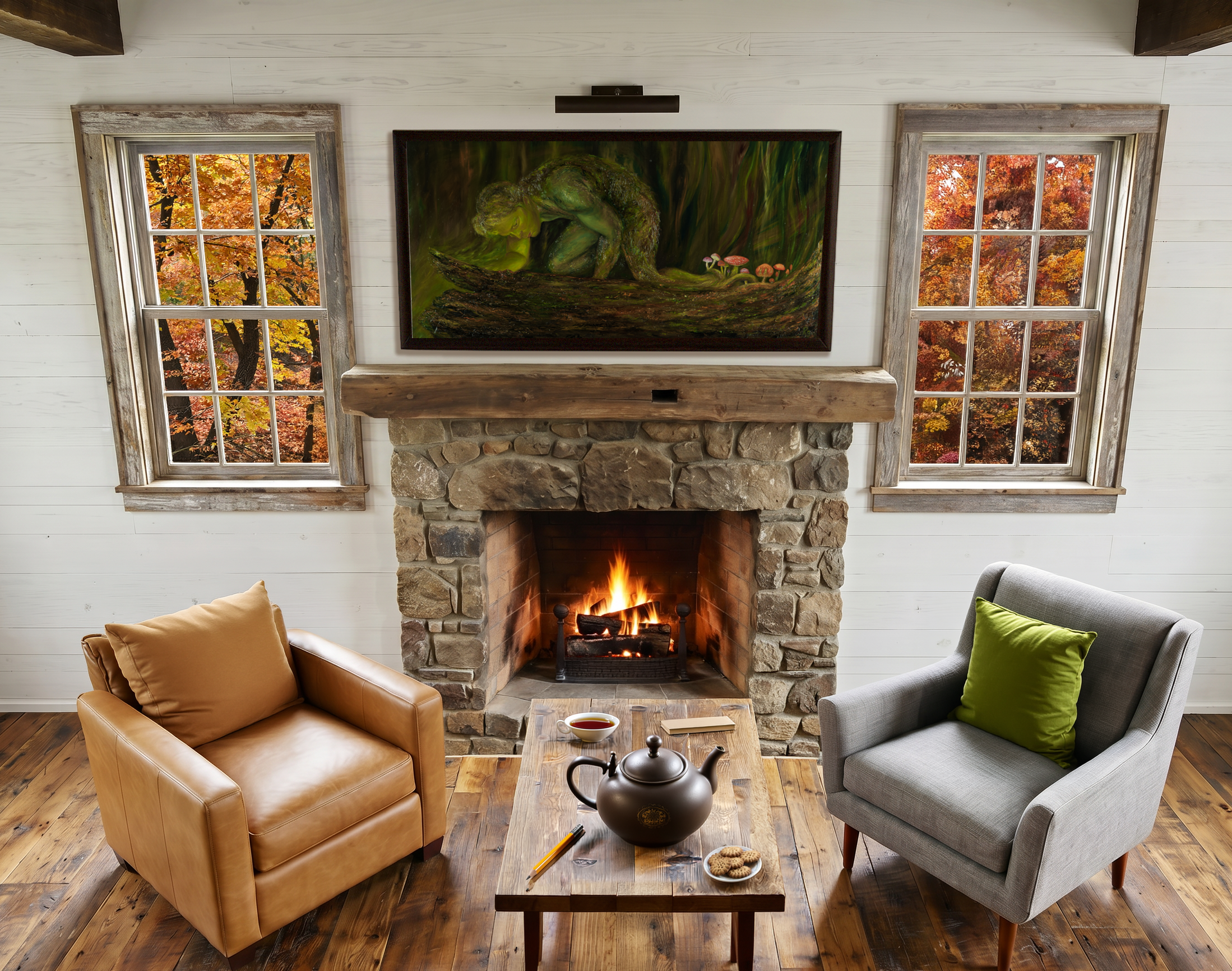 Robert Gerson oil painting in rustic living room with stone fireplace