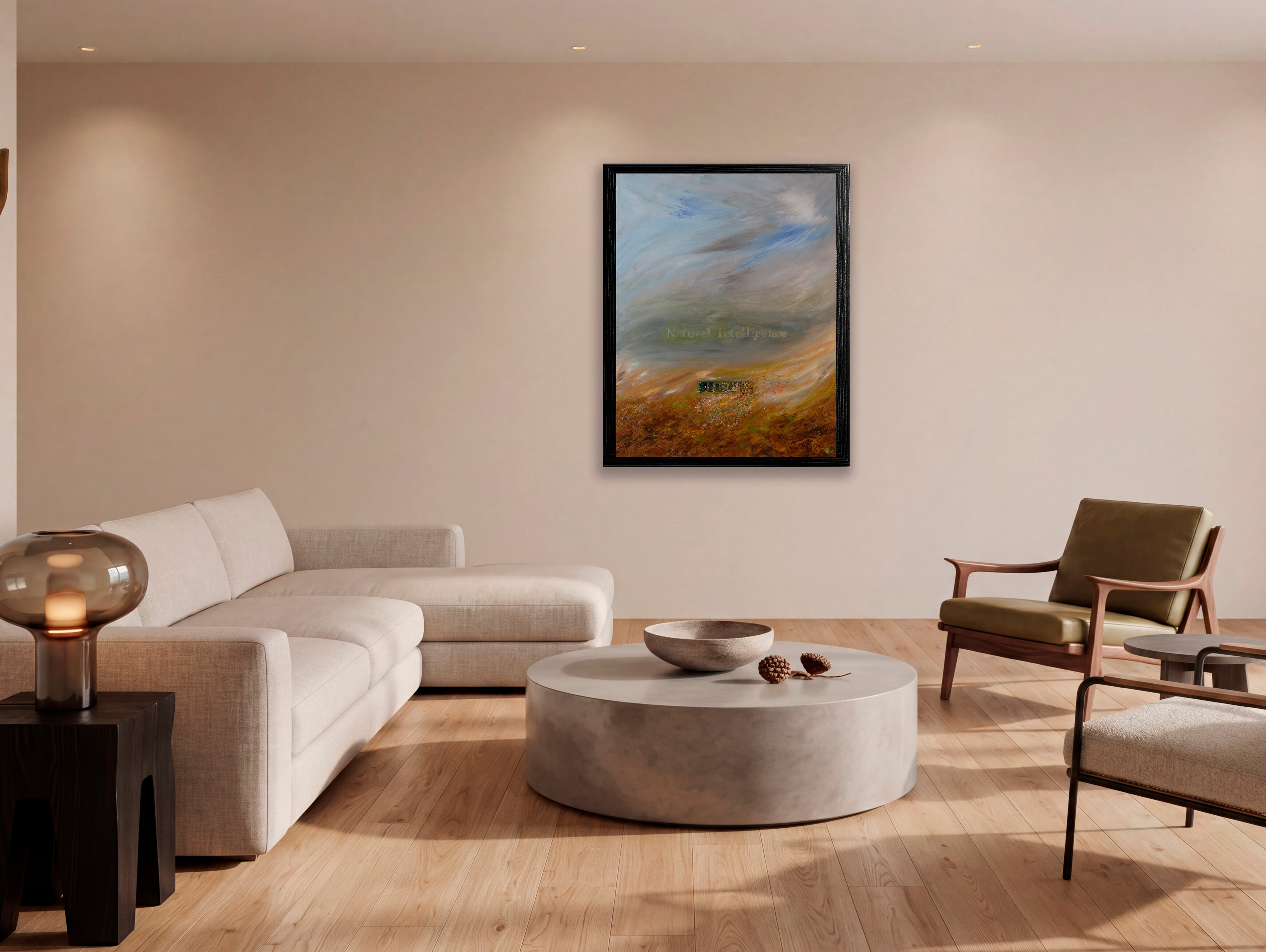 Robert Gerson natural intelligence oil painting on wall of neutral toned modernist living room
