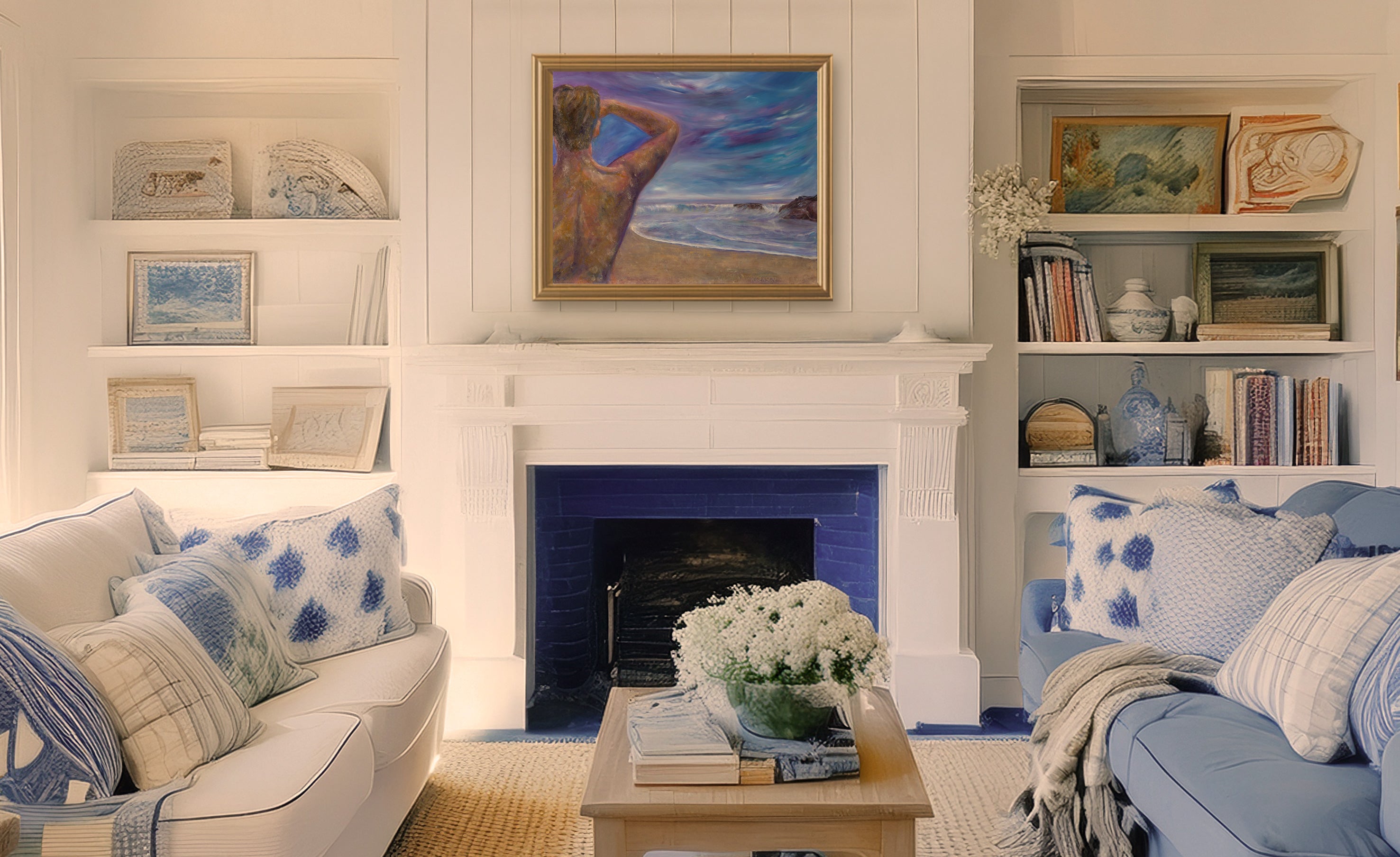Living room with painting Sandy Day Sunset by artist Robert Gerson