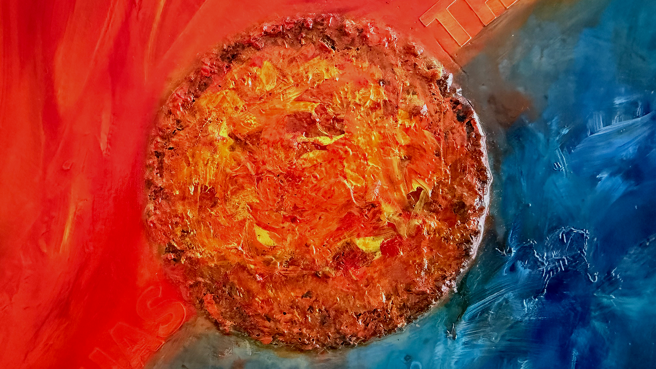 Robert Gerson closeup view from the Humans in Nature 2 painting red and orange textured sun