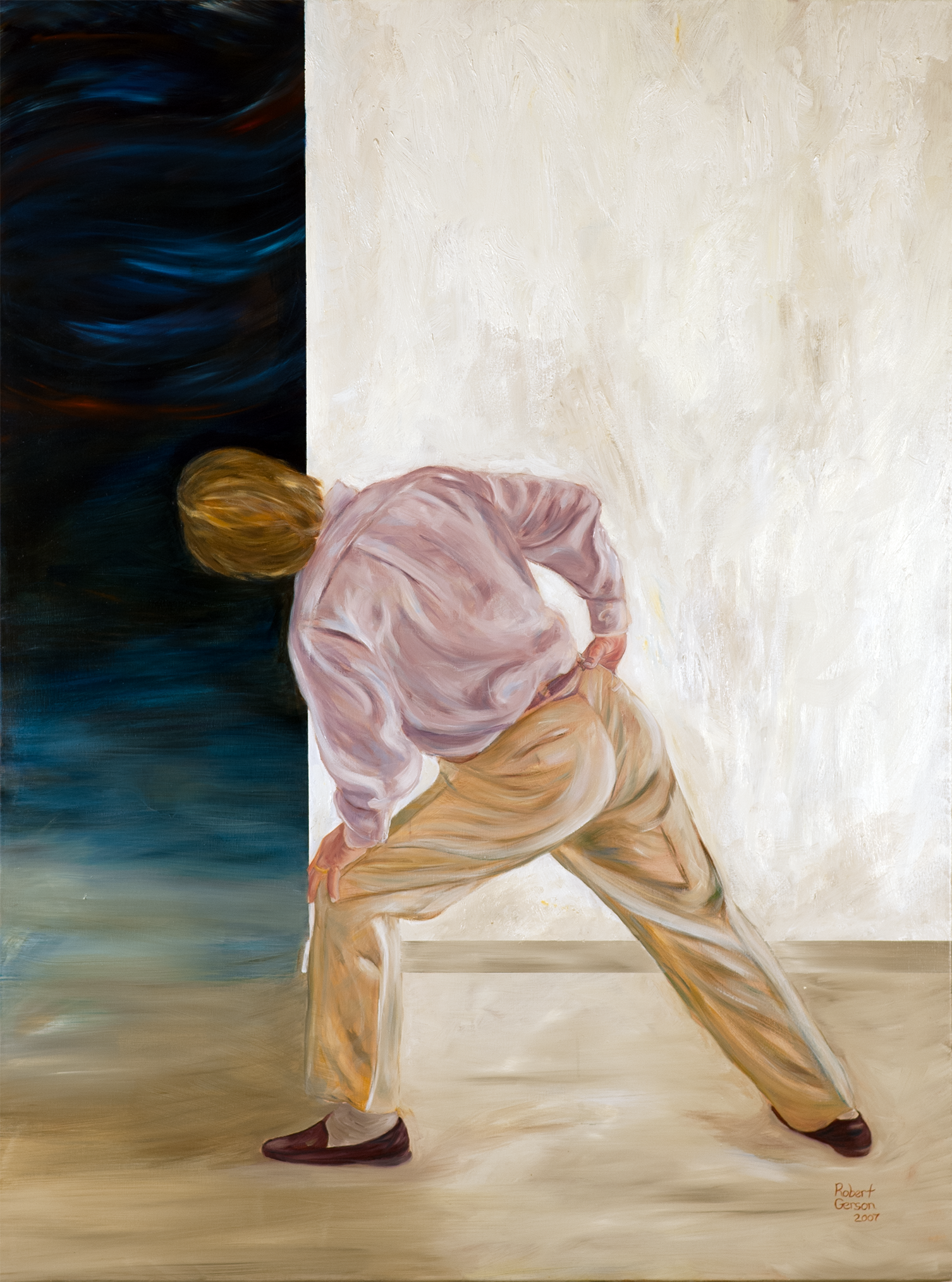 Artistic depiction of a person leaning against a wall with abstract elements.